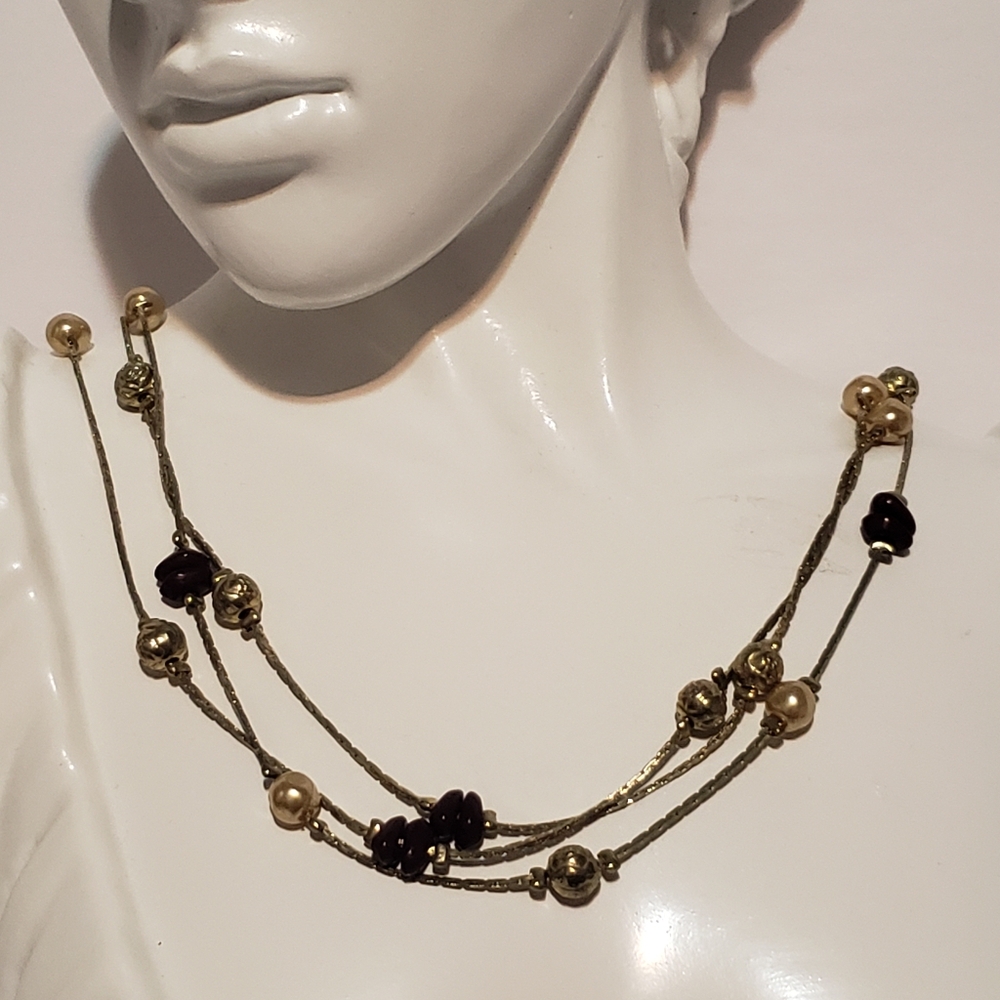 Fashion layered necklace Gold Burgundy 3 Strand 16"